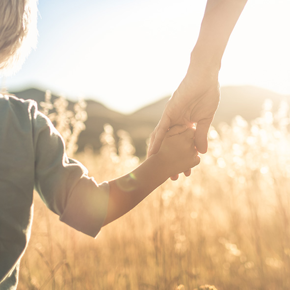 Child and parent holding hands in a field