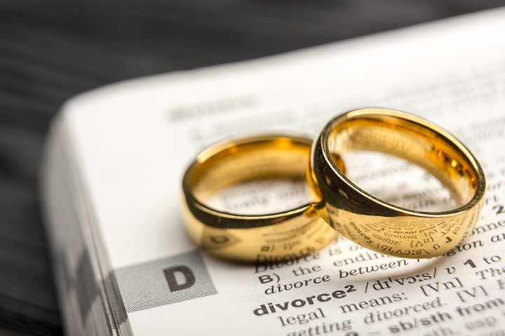 Divorce Week 2025 - Picture of gold rings on top of a dictionary showing the word "divorce".