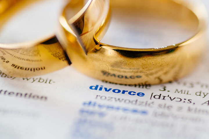 Divorce Week 2025 - Picture of gold rings on top of a dictionary with the words "divorce" highlighted.
